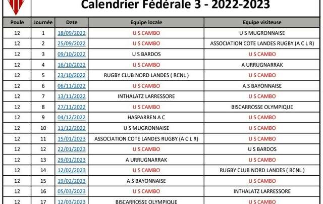 Calendrier Séniors USC 2022-2023